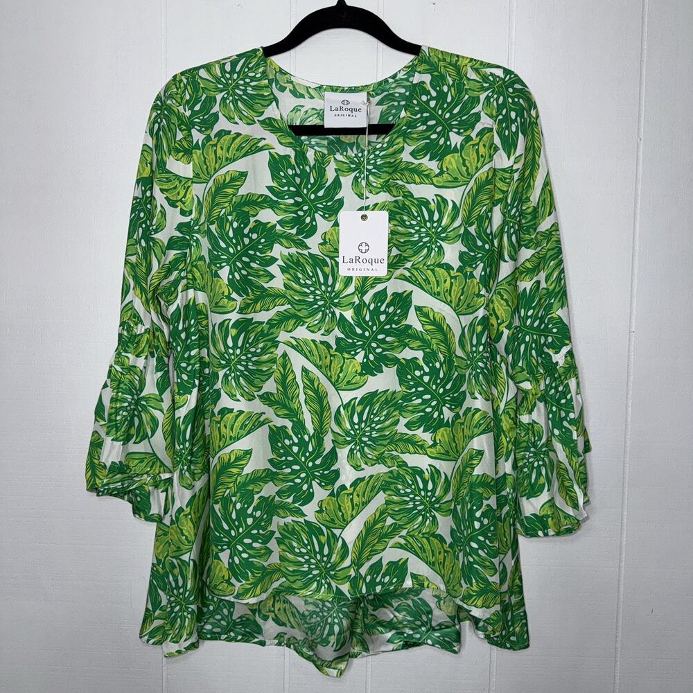 LaRoque Original Women’s 100% Silk Palm Leaf Print Top Green Flare Sleeve L? NWT